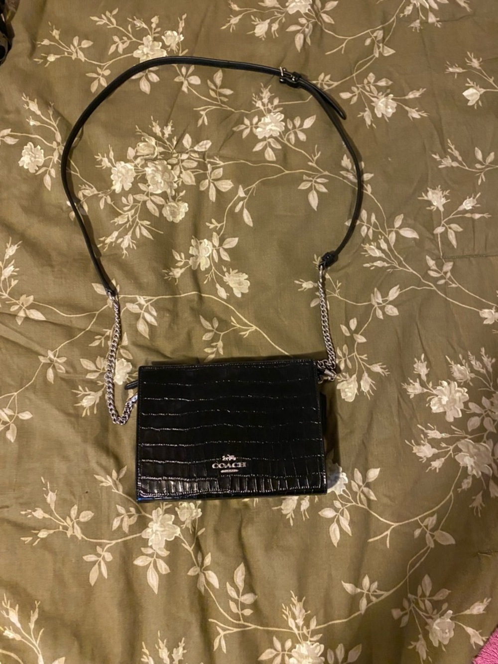 Coach Black Croc-Embossed Patent Leather Crossbody with Chain Strap